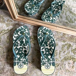 Tory Burch evergreen floral platform flip flops